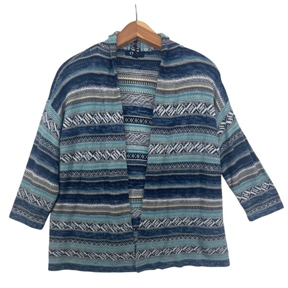 Chaps Women Cardigan Sz M Petite Blue Striped Southwest Boho 3/4-Slv SweaterKnit - Picture 1 of 10